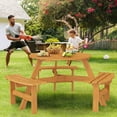 thumbnail image 2 of Demifill 6-Person Round Picnic Table Set, Picnic Table with 3 Built-in Benches and Umbrella Hole for Outdoor as Garden, Backyard, Porch, Yellow, 2 of 12
