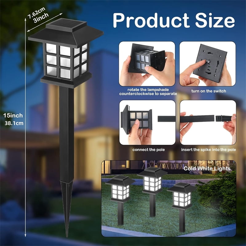 12 packs of solar walkway outdoor landscape lights, solar outdoor lights, solar walkway lights, waterproof courtyard LED courtyard, courtyard, lawn, house shape decoration in cold white