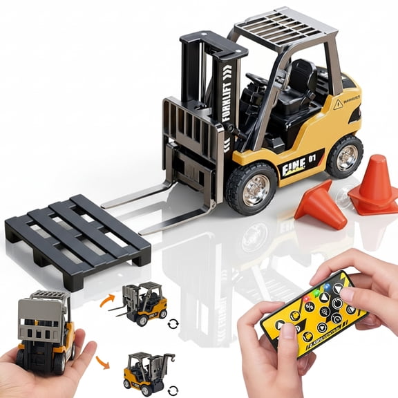 Mini Remote Control Forklift for Kids, 1/64 Scale RC Construction Vehicle with Lights, Sounds,Metal Shell,Rechargeable & USB Cable Included