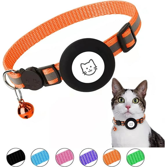 Breakaway Airtag Cat Collar, Reflective Apple Air Tag Cat Collar with Bell and Waterproof Airtag Holder Case, GPS Pet Tracker Collar for Girl Boy Cats, Kittens, Puppies (Orange)