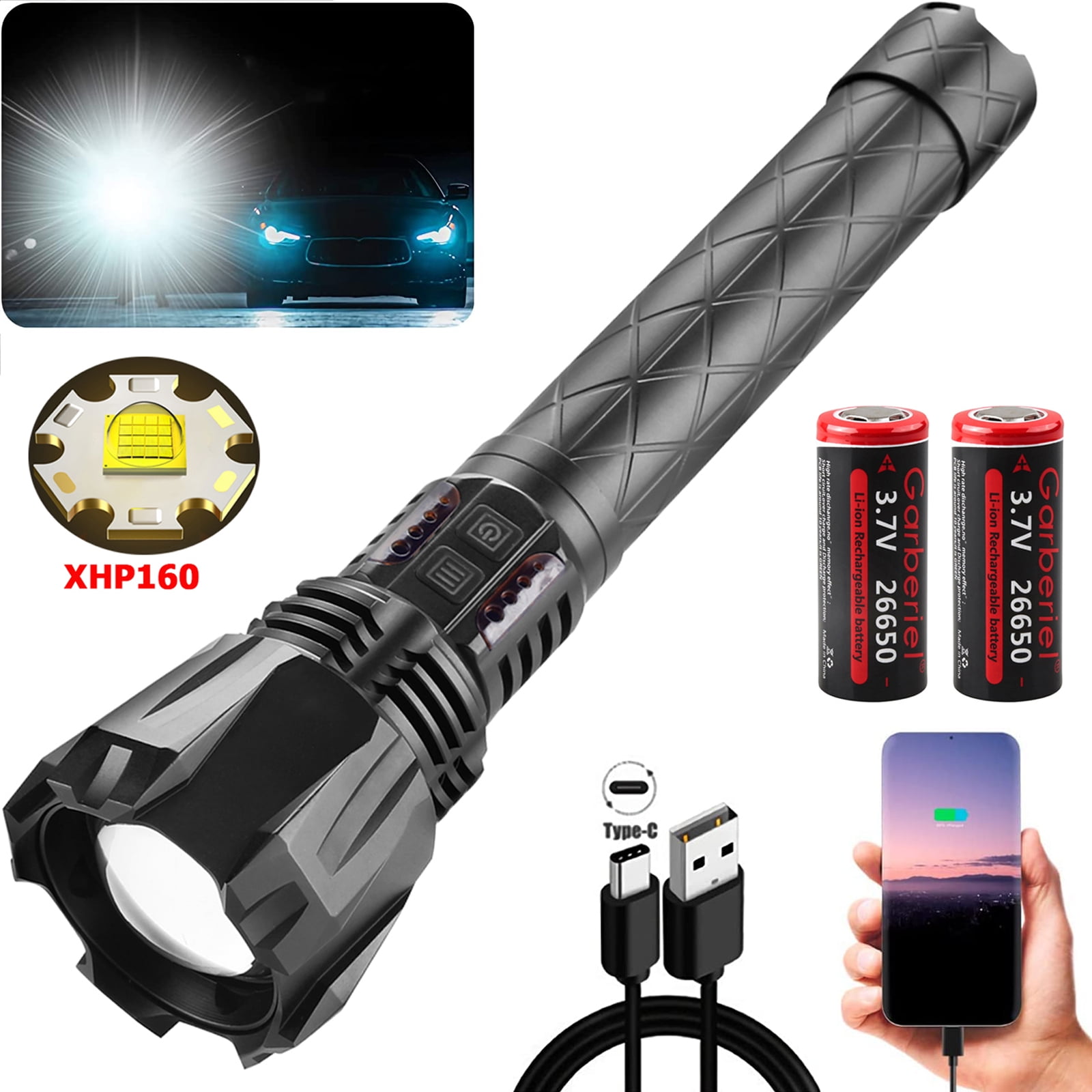 Powerful XHP160 LED Flashlight USB Rechargeable Zoom Tactical Torch Light Lamp 