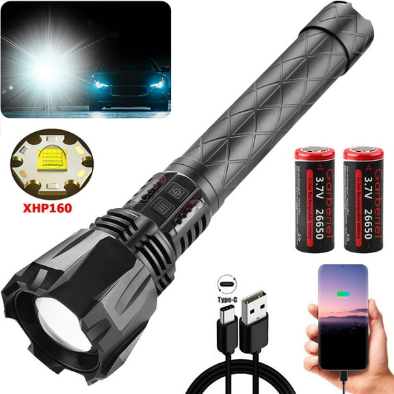 Garberiel XHP160 LED Flashlight USB Rechargeable Zoomable Torch Light for Hiking Camping Emergency(26650 Battery Included)