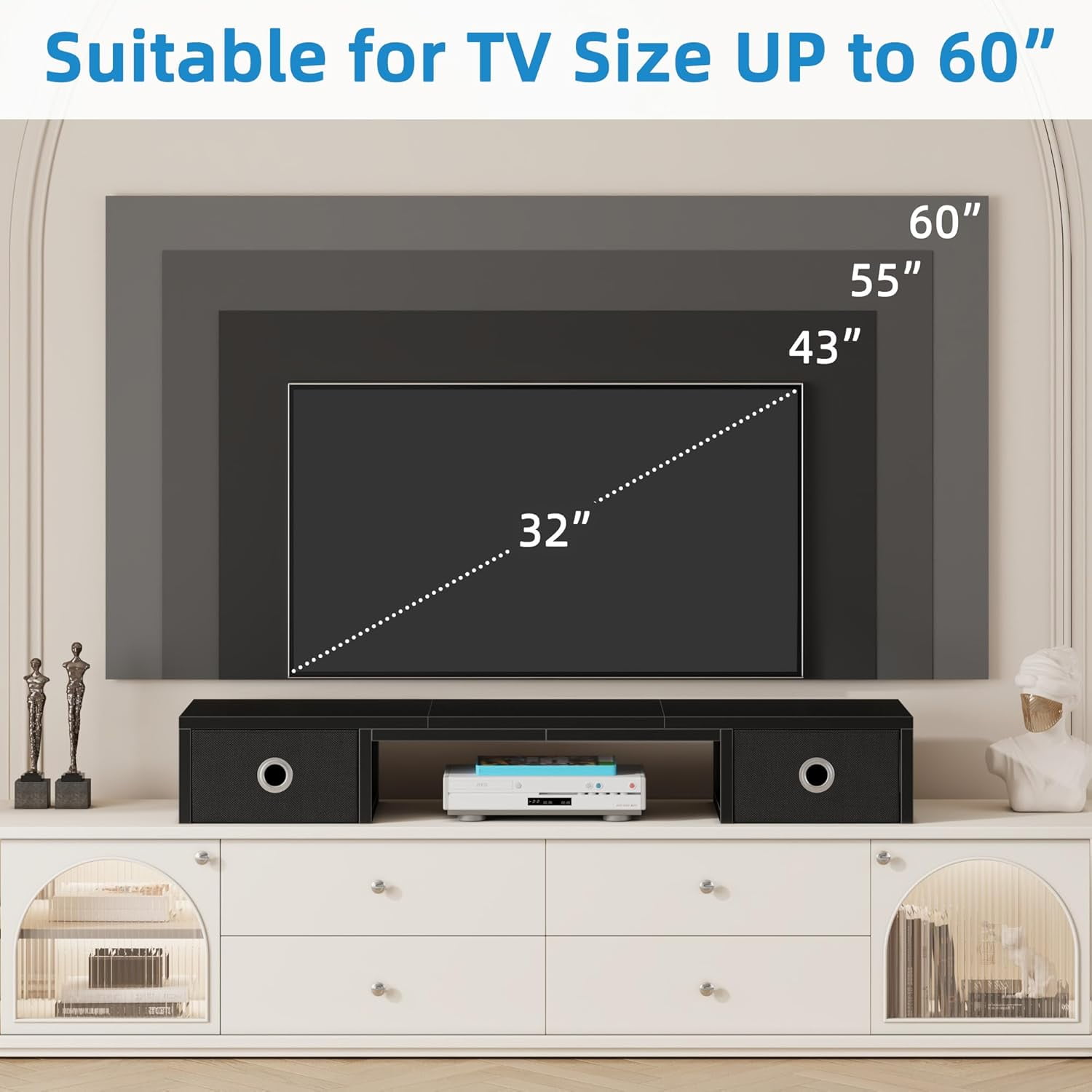 45 Inch Large TV Riser Stand with 2 Fabric Drawers, Steel Frame Monitor Shelf for 32-60 inch TV, Dual Monitor Stand with Open Storage for Home Office Living Room, Black