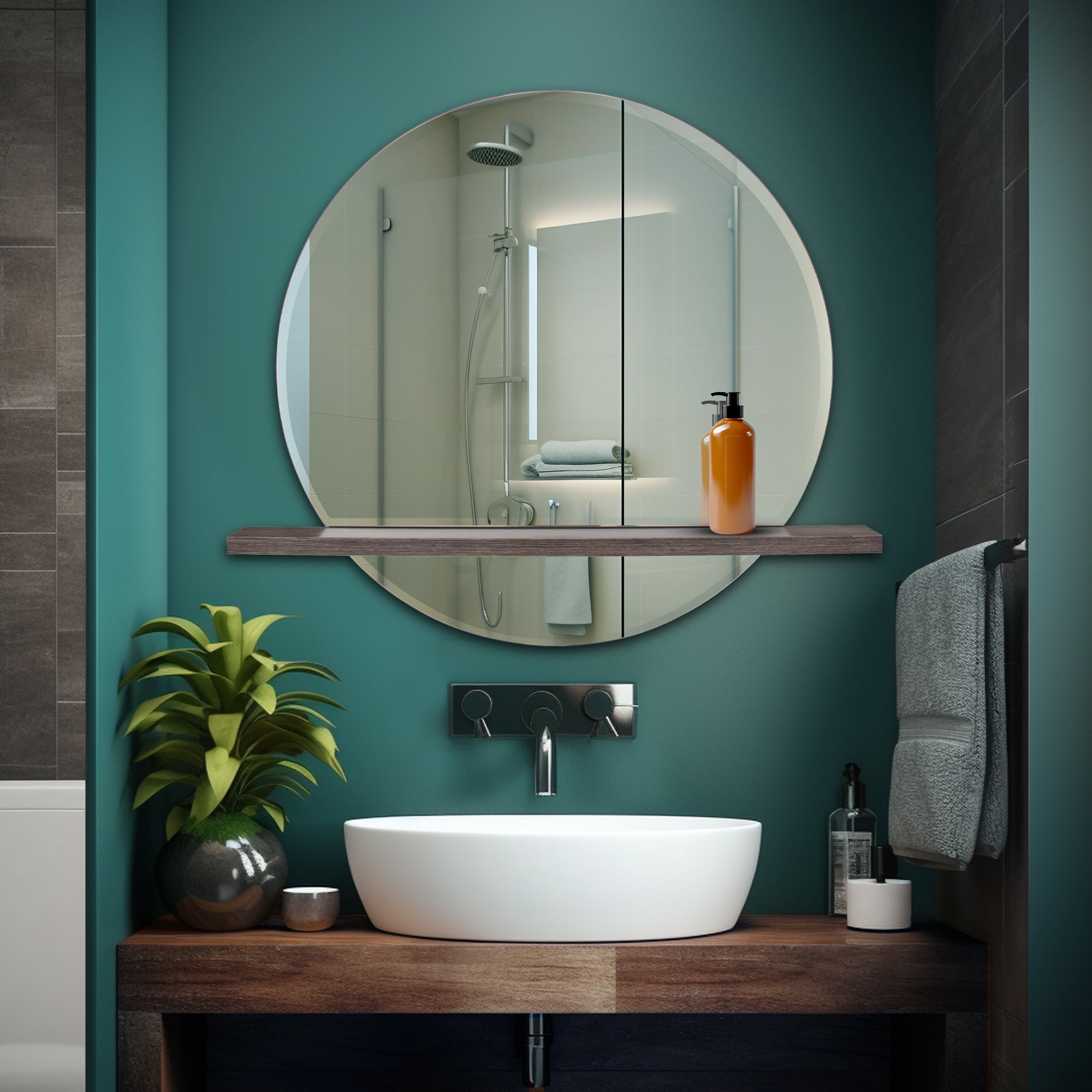 Tyler Dillon Round Beveled Wall Mirror with Gray Wood Shelf - 36"w x 32"h x 5"d