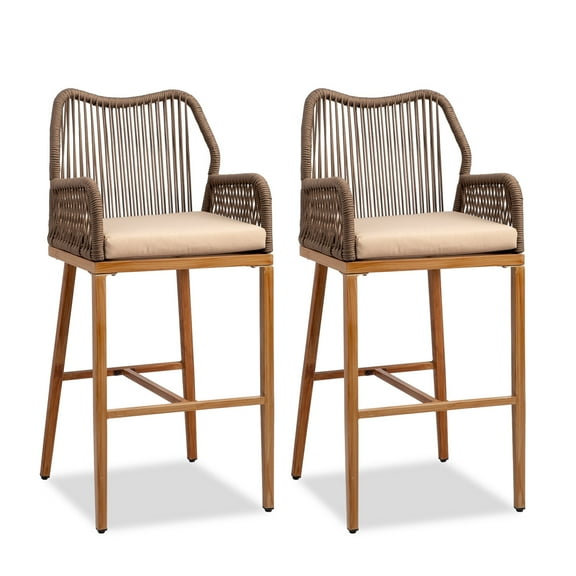 Ktaxon 2Pcs 28.5" Patio Rattan Bar Stools, Outdoor Wicker Counter Height Bar Chairs with Backrest & Metal Frame, Bistro Seating for Balcony Porch Pool (High, Brown)