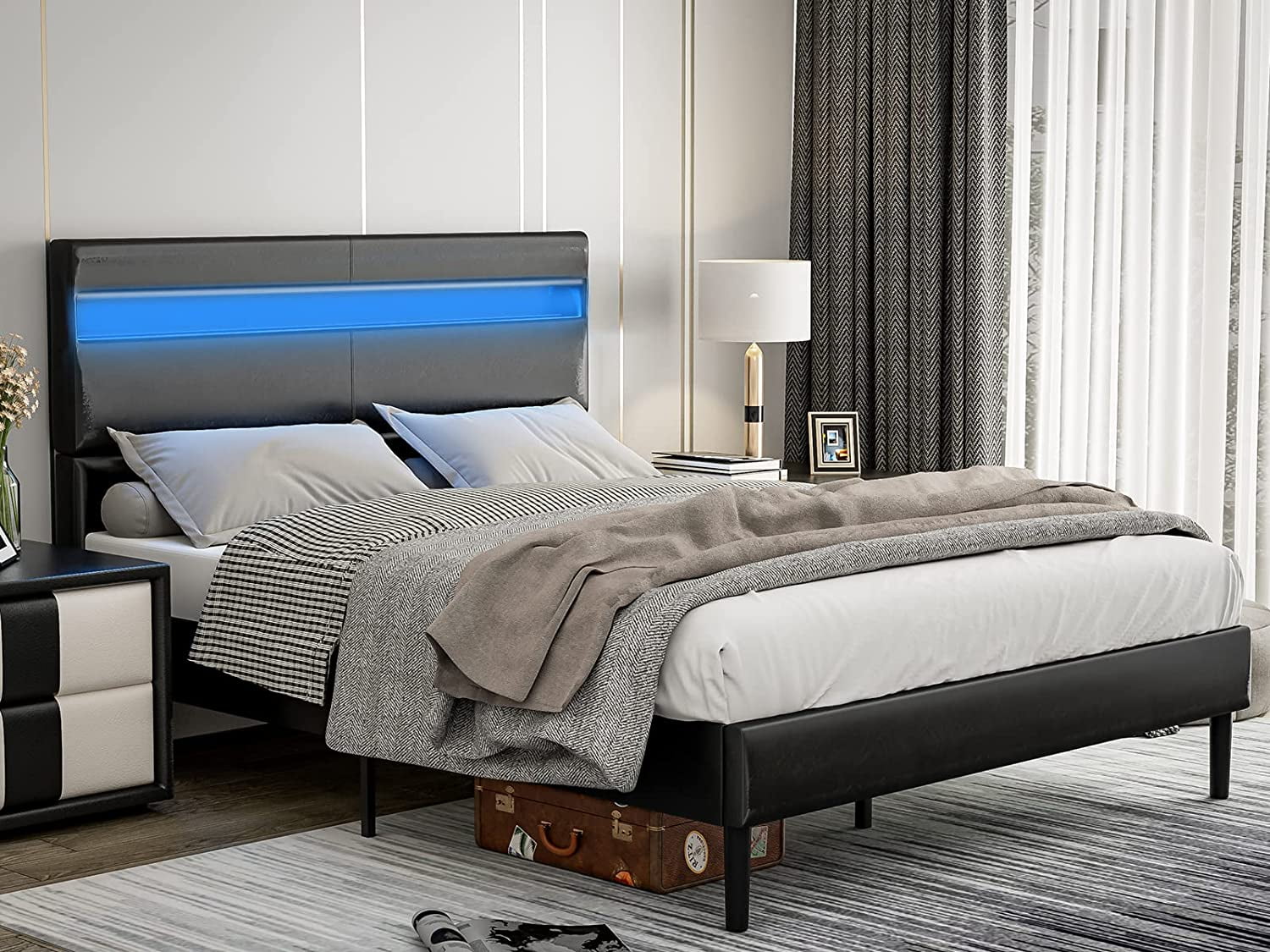 IKIFLY Modern Full Size Platform Bed Frame with LED Headboard, Upholstered Faux Leather LED Bed