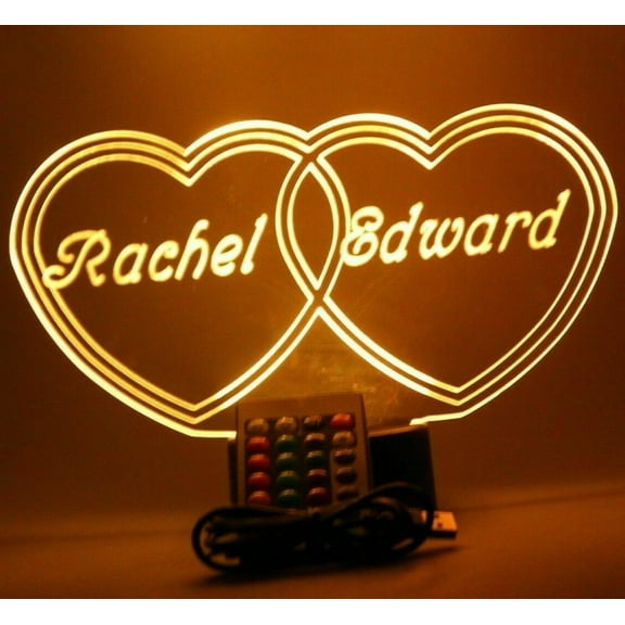 Night Light Up Desk Table Lamp LED Personalized Free Engraved Double Heart, Our Newest Feature, Most Popular, It's Wow, with Remote 16 Colors Energy Efficient, Great Gift