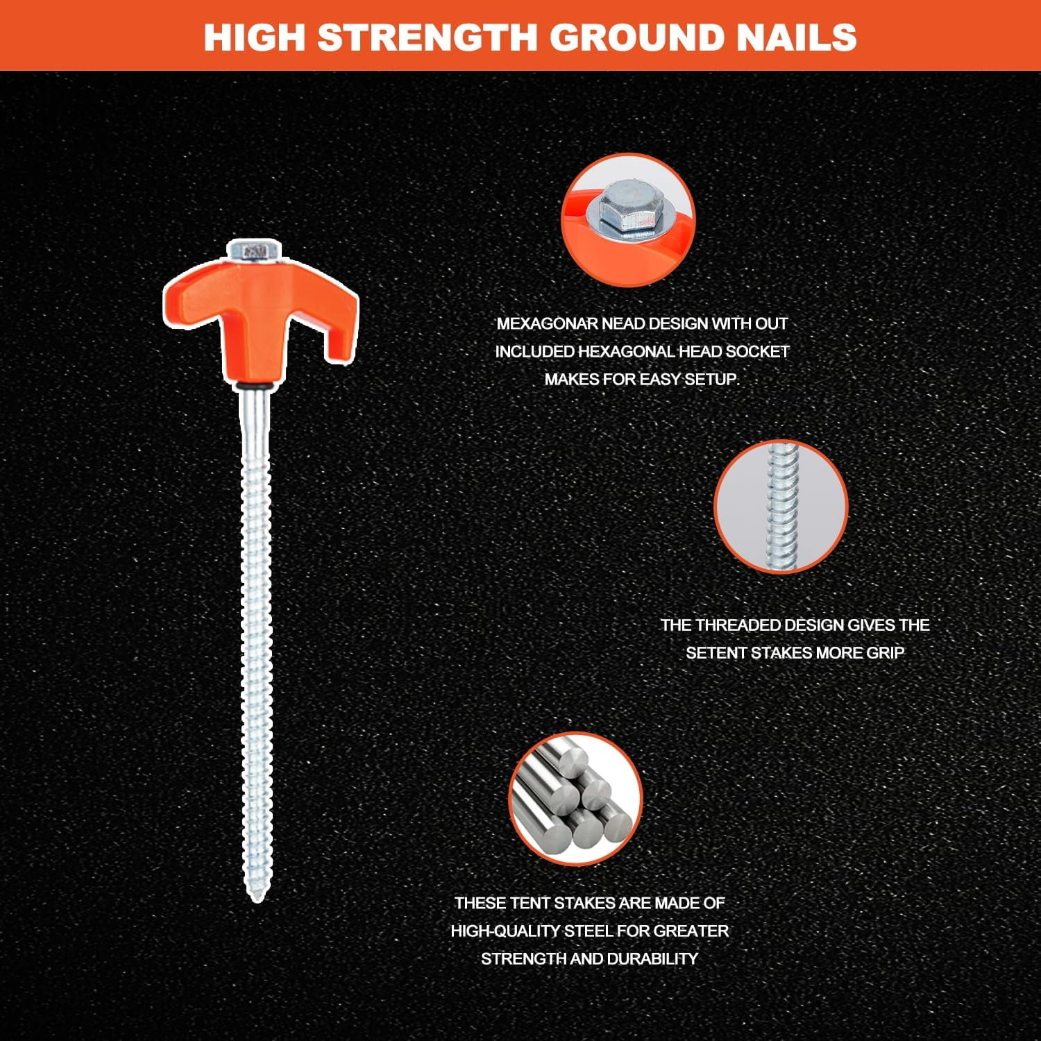 HRTGFD-12 Pack Screw in Tent Stakes Heavy Duty,8 ’’ Ground Anchors Screw in,Metal Stakes with Hex Head Driver and Sturdy Storage Box. (12, Orange)