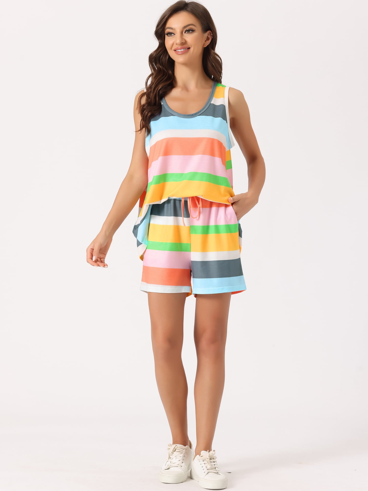 DARING DIVA Women's 2-Piece Rainbow Tank Tops with Shorts Stripe Pajama Set M Yellow