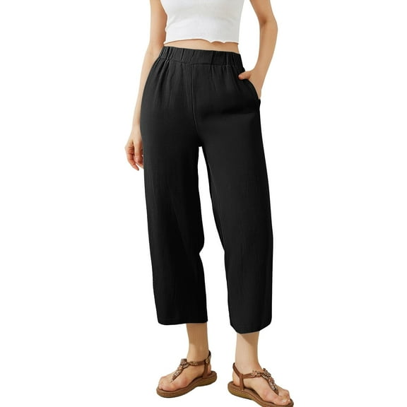 FUNUONY Lightweight Wide Leg Cropped Pants for Women High Waisted Loose Casual Lounge Travel Work Sweatpants Summer Fashionable Solid Color Loose Cotton Linen Elastic Pleated Wide Leg Pants Black L