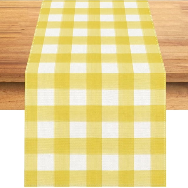 Linen Watercolor Yellow Buffalo Check Plaid Table Runner - 72x13" Farmhouse Spring Summer Easter Kitchen Decor (Yellow & White)