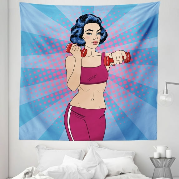 Fitness Tapestry, Pop Art Woman Doing Exercises with Dumbbells Healthcare Vitality Retro Style, Fabric Wall Hanging Decor for Bedroom Living Room Dorm, 5 Sizes, Multicolor, by Ambesonne