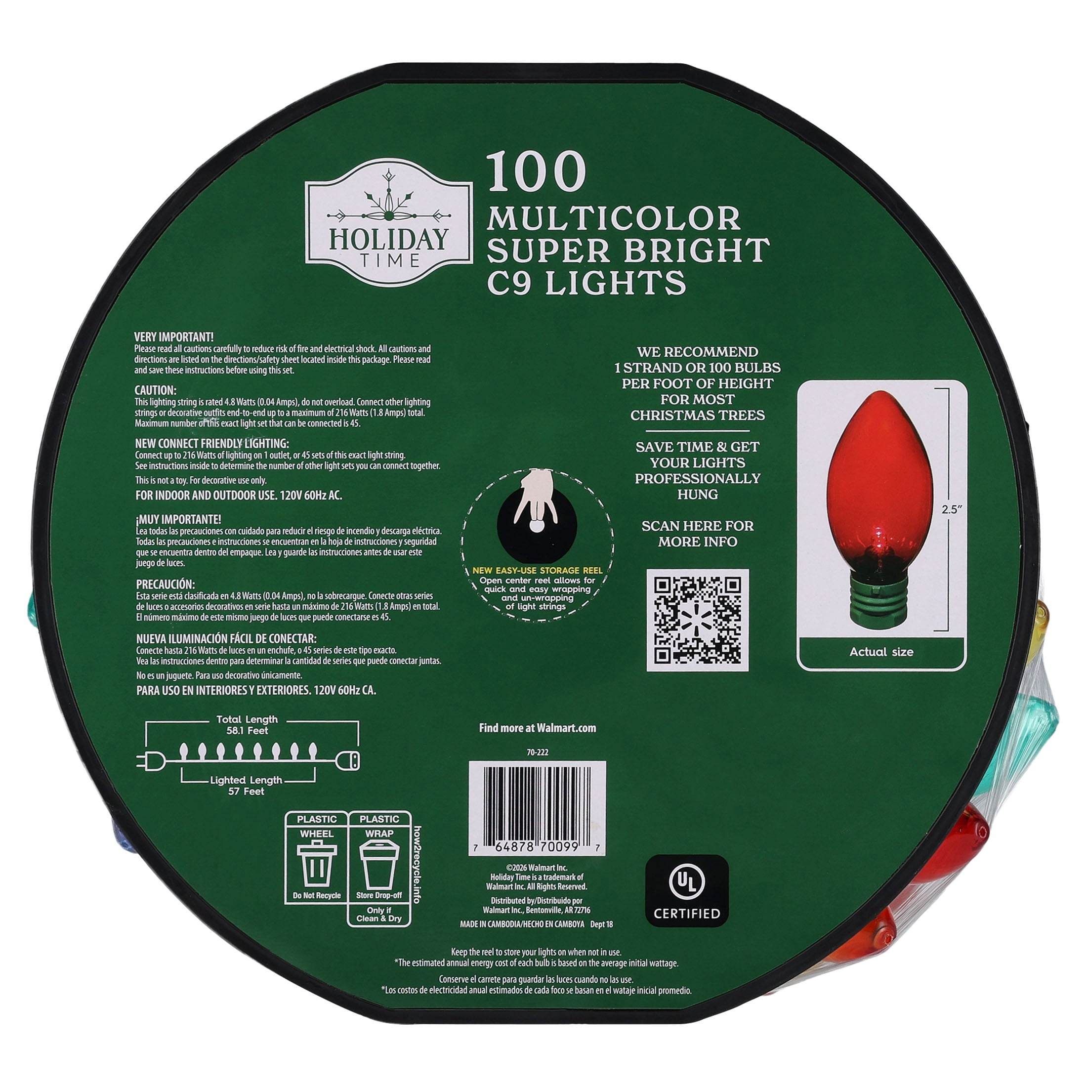 Indoor/Outdoor 100-Count LED Smooth C9 Christmas String Lights, Multicolor, Green Wire, 57', by Holiday Time