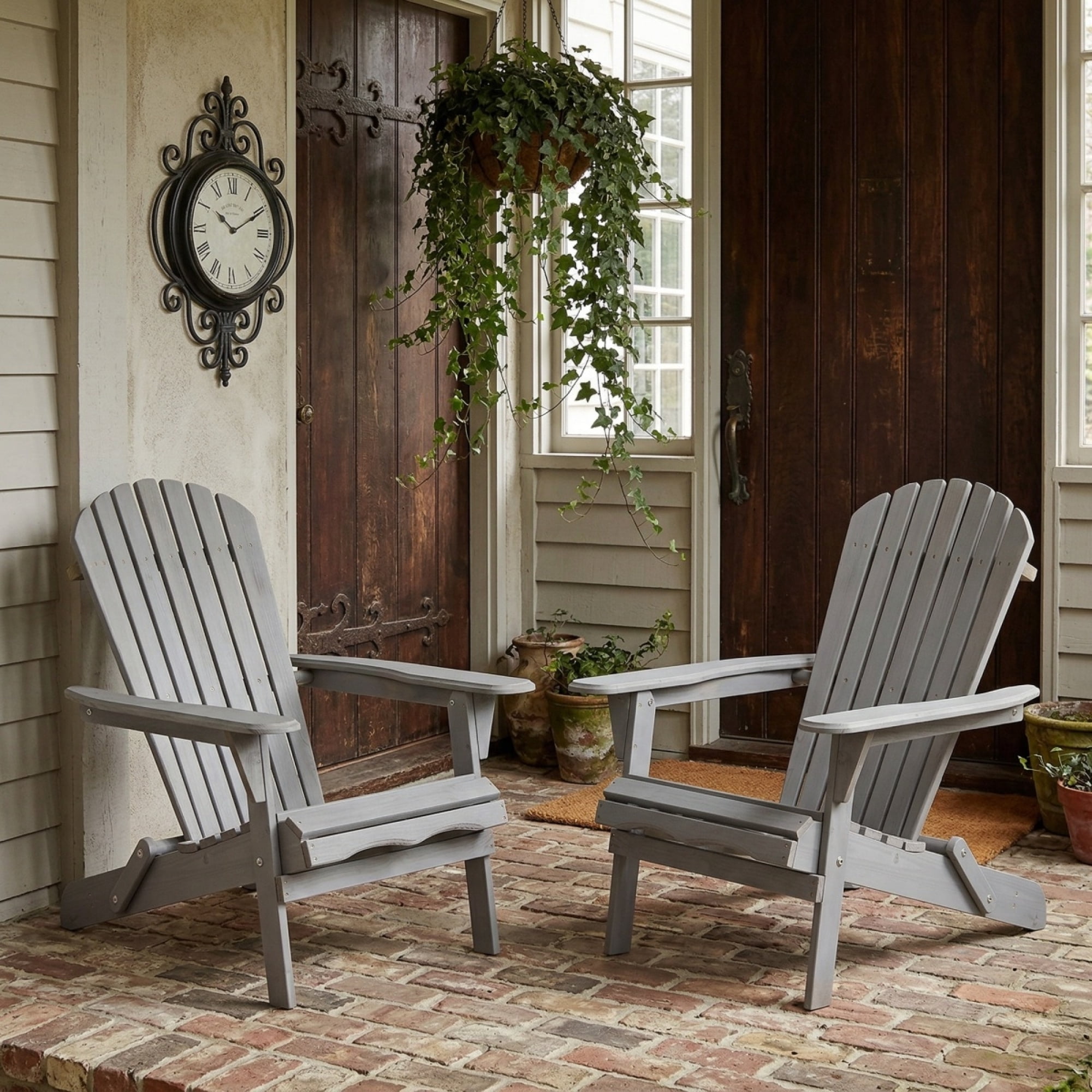 Set of 2 Outdoor Wooden Folding Adirondack Chairs with Pre-Assembled Backrest, Patio Fire Pit Chairs for Backyard, Porch, Poolside & Deck,Grey