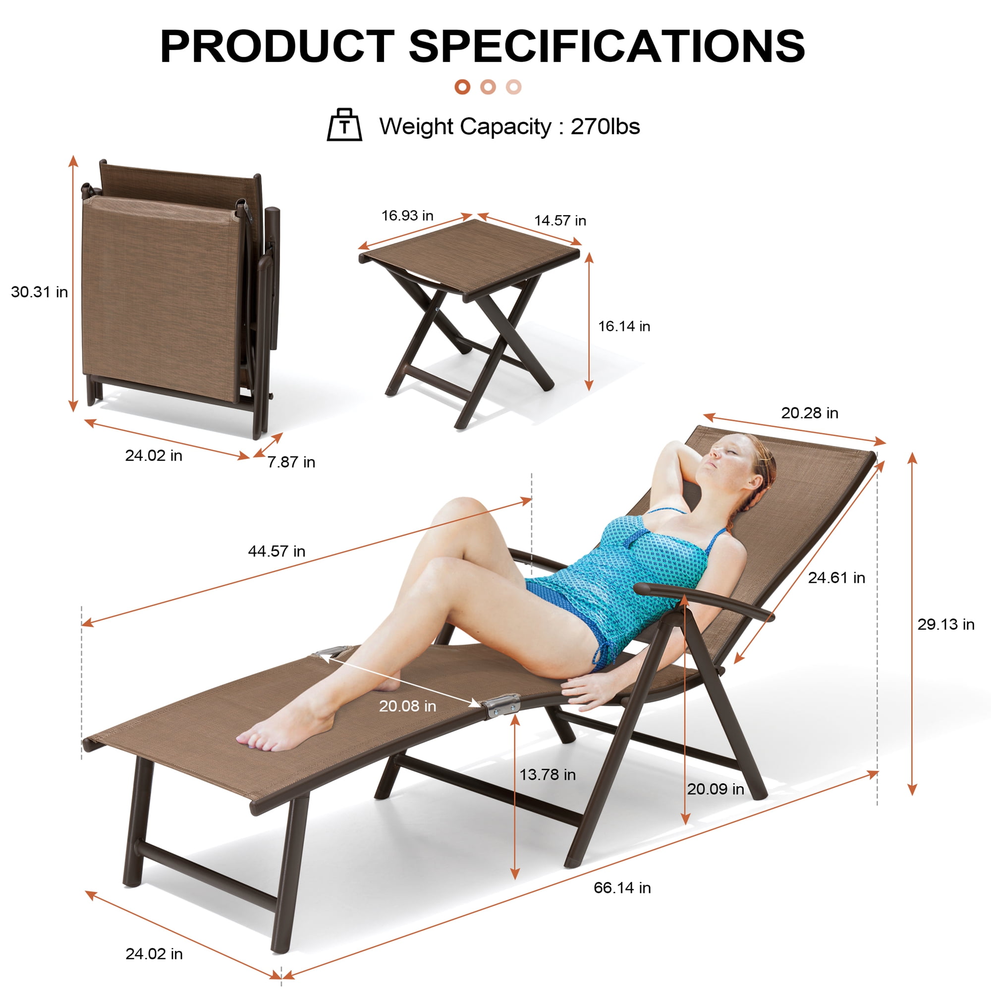 Crestlive Products Brown Outdoor Folding Patio Chaise Lounge Chair, Aluminum Recliners and Table Set