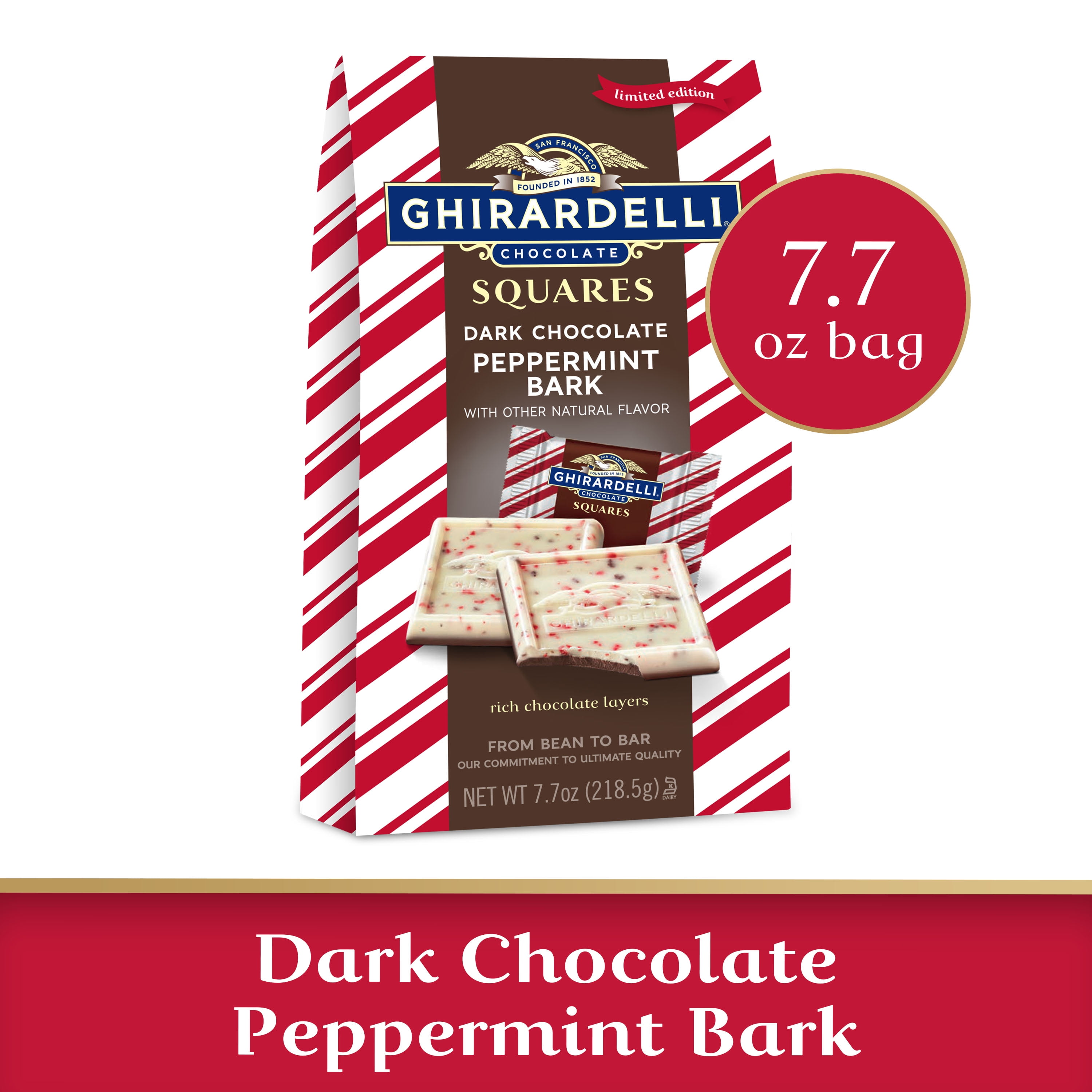 GHIRARDELLI Dark Chocolate Peppermint Bark Chocolate Squares, Layered Dark Chocolate and White Chocolate Candy, 7.7 OZ Bag