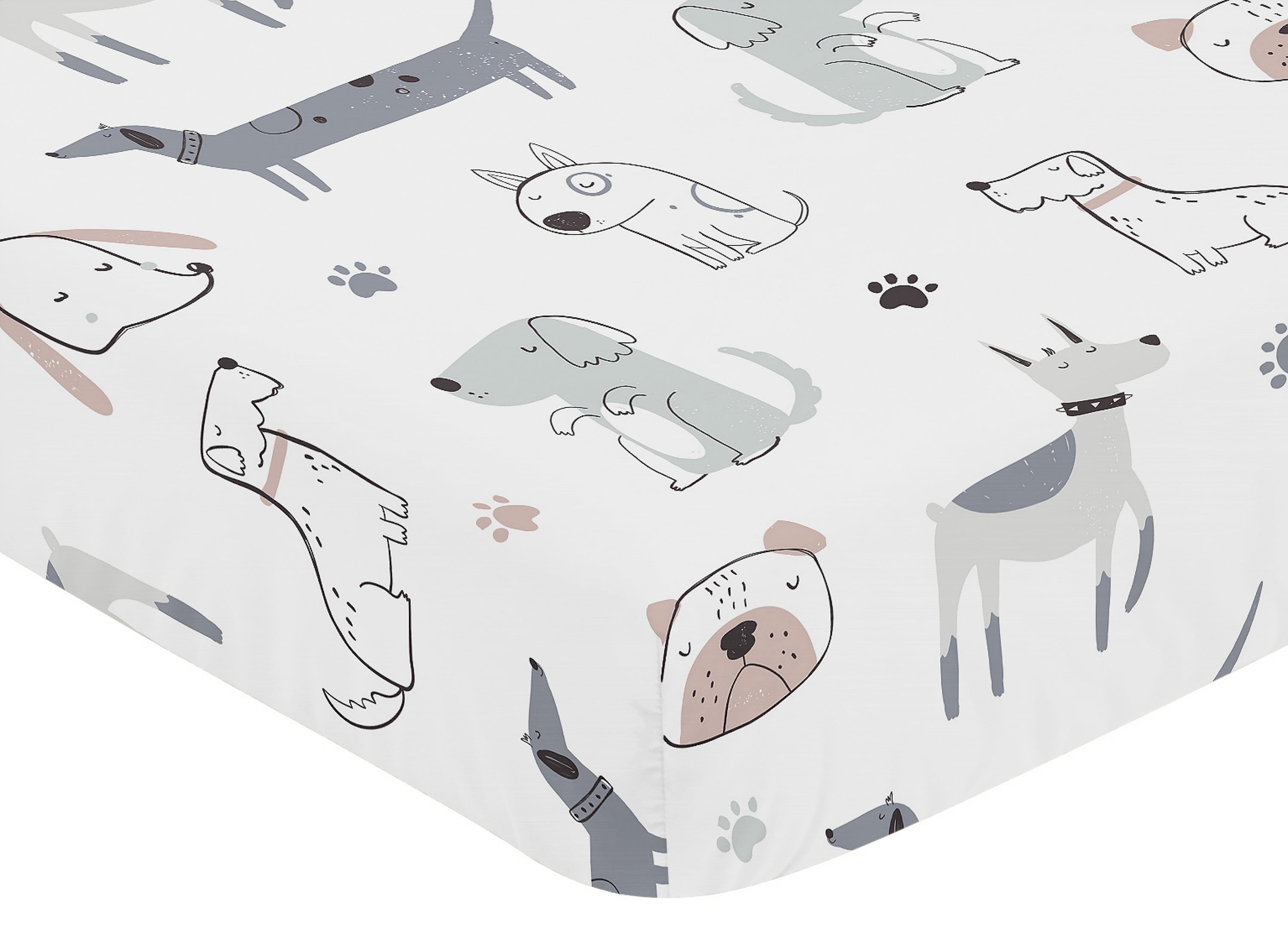 Sweet Jojo Designs Cartoon Puppy White Taupe and Blue Fitted Crib Sheet
