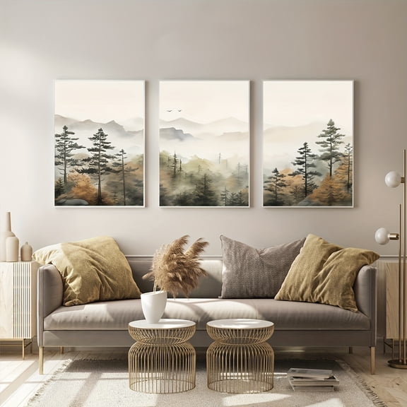 Set of 3 Art Deco Modern Minimalist Fall and Spring Landscape Canvas Art Prints, Abstract Nature Forest and Mountain Wall Decor, Chinese Pine Tree Ink Wash Painting Posters for Living Room, Bedroom,