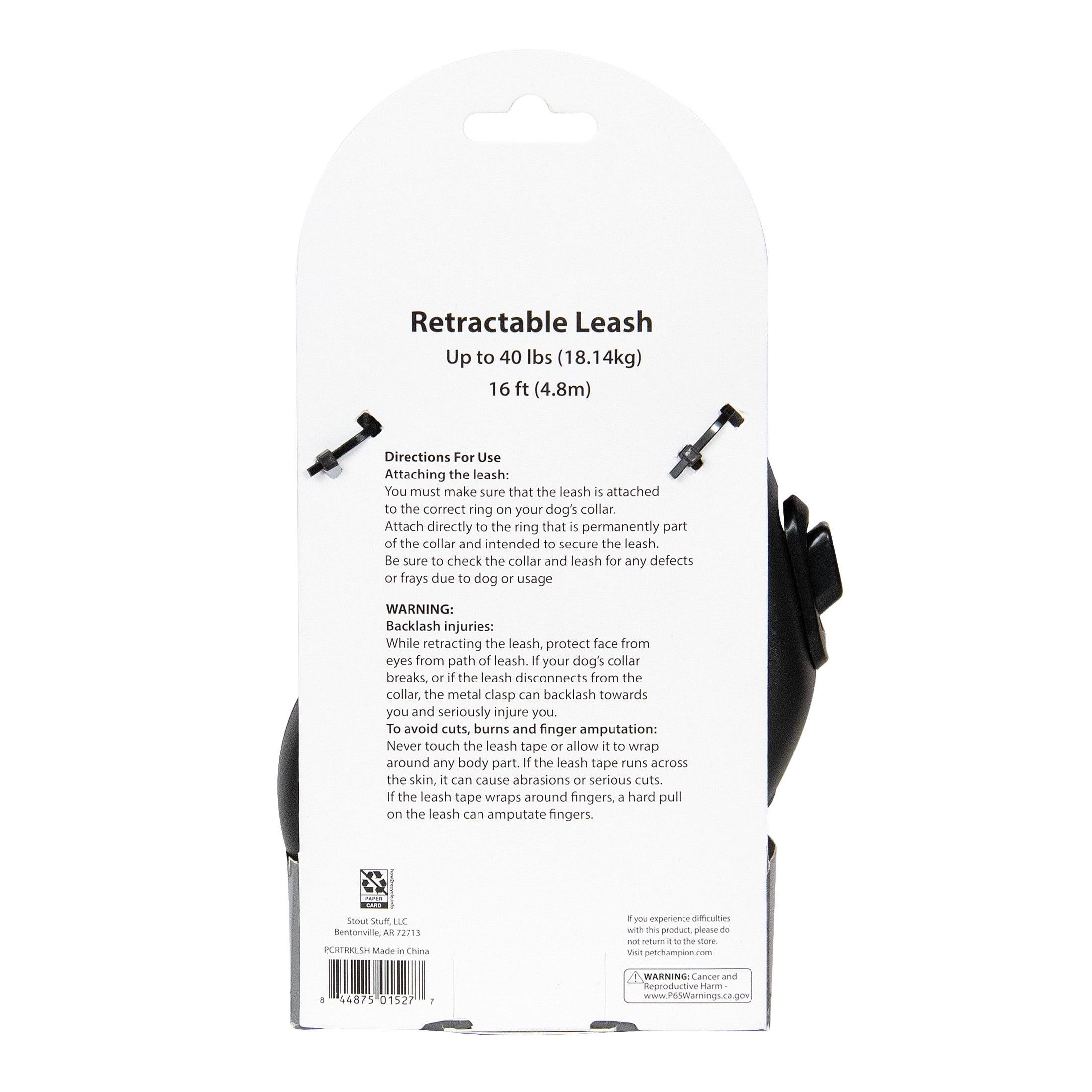 Pet Champion 16' Plastic, Metal & Polyester Retractable Dog Leash, Black