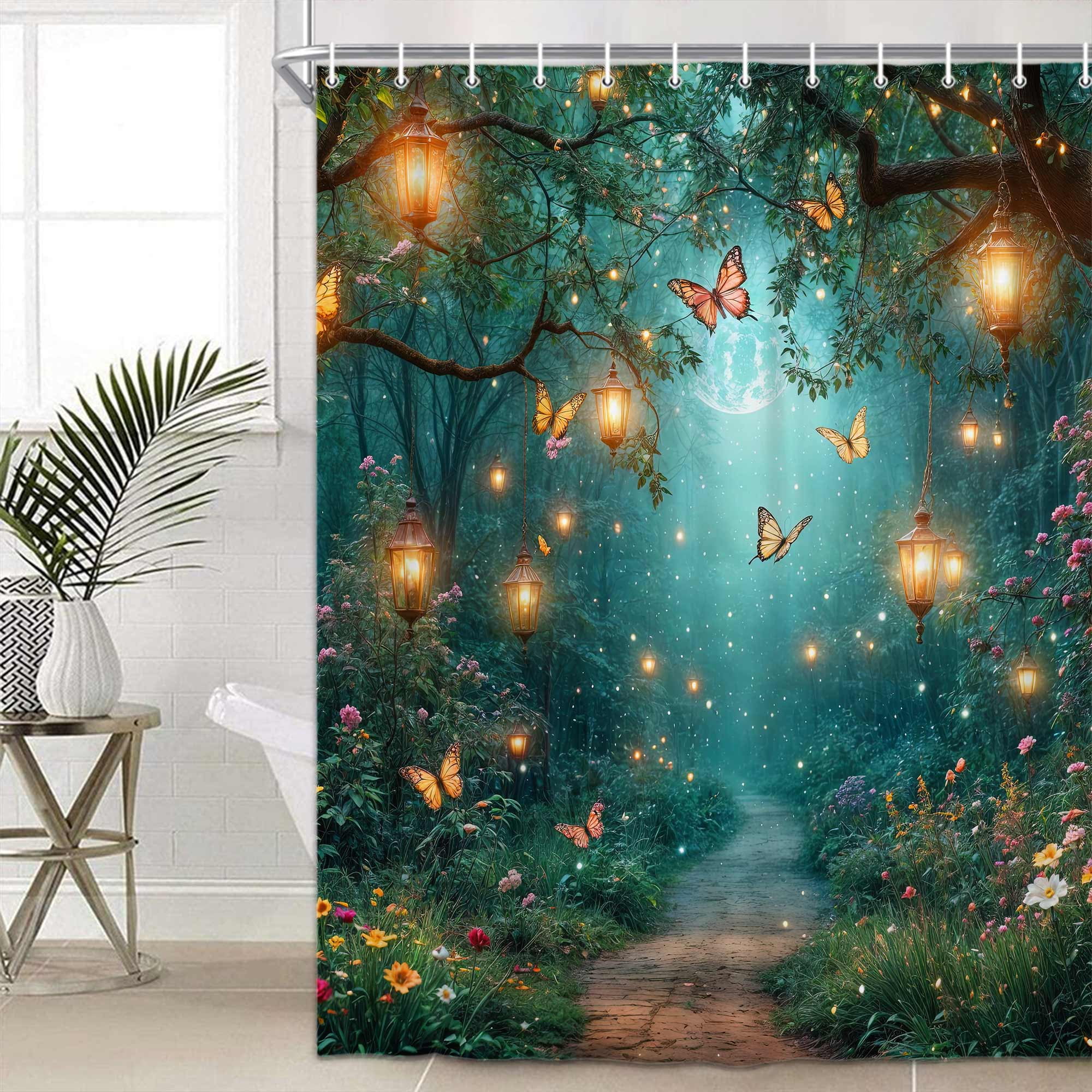 Fairy Enchanted Forest Shower Curtain, Spring Fantasy Wonderland Jungle Girls Flower Bath Curtain, Natural Scenery Shower Curtain Set with Hooks for Bathroom Decor Accessories, 70X75in