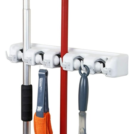 

Broom Mop Holder Tidy Organizer Wall Mounted Broom and Tool Organizer with 5 Position 6 Hooks for Kitchen Garage Garden Landry Bathroom Organization (White)