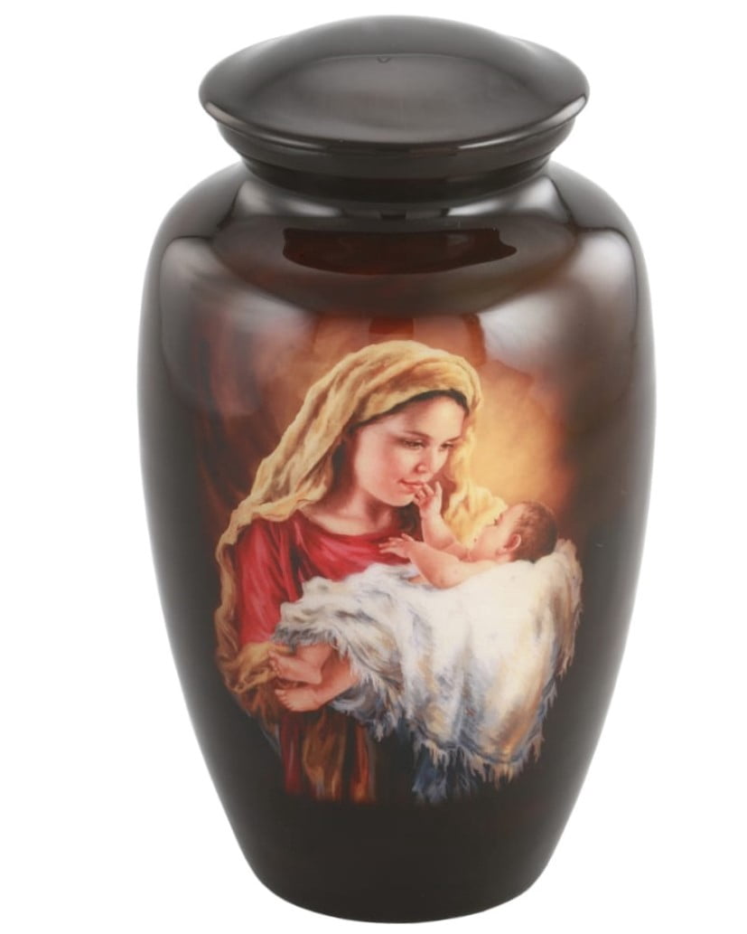 Hand Painted Metal Cremation Urn - Adult Urn - Solid Metal Funeral Urn - Handcrafted Adult Funeral Urn for Ashes - Great Urn Deal (Holy Mary)