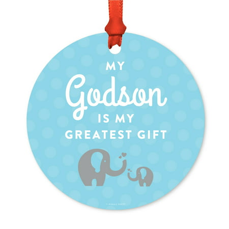 Metal Christmas Ornament, My Godson is My Greatest Gift, Elephants, Includes Ribbon and Gift