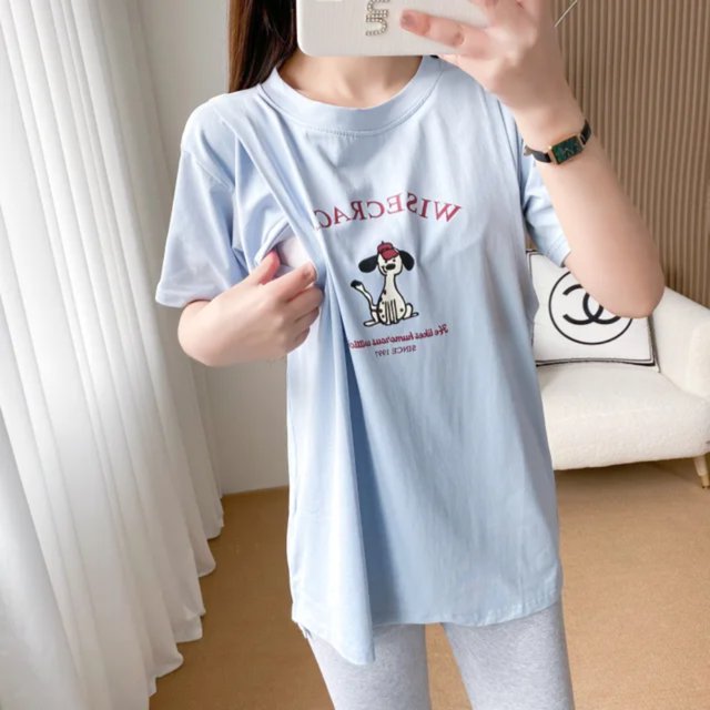LNGOOR T-Shirts d'Allaitement d'Été pour Maternité, Col Rond, Manches Courtes, en Coton Uni, Haut d'Allaitement pour Mère Post-Partum Enceinte