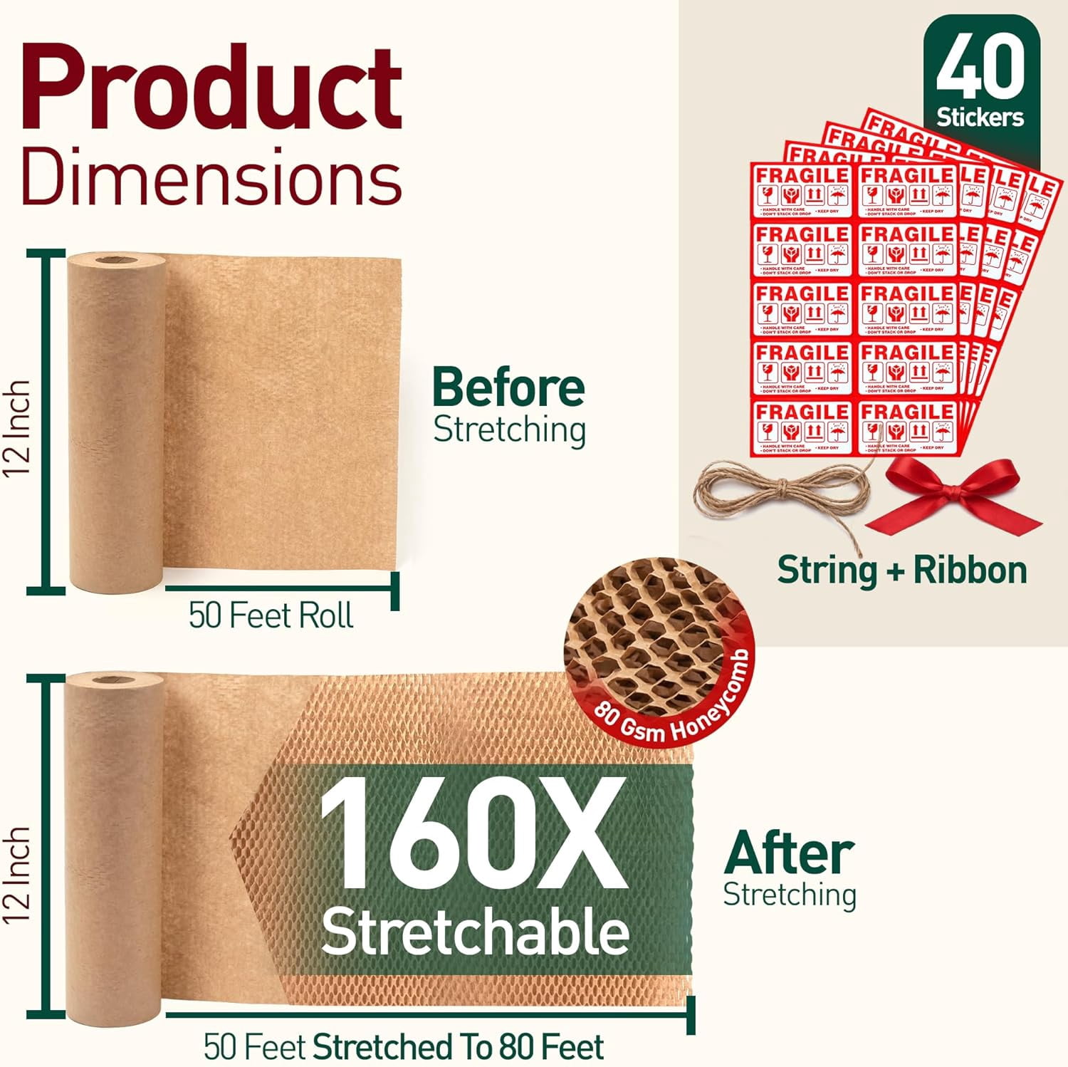 Honeycomb packaging paper, 12 inches by 50 feet – eco-friendly recyclable cushioning packaging roll, for moving and transporting, as an alternative to bubble wrap, comes with rope, ribbon, and 40 fra