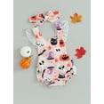 thumbnail image 3 of Wassery Newborn Girl Summer Outfit Infant Baby Halloween Clothes Sleeveless Square Neck Pumpkin Skull Print Lace Patchwork Romper with Hairband 0-18 Months, 3 of 8
