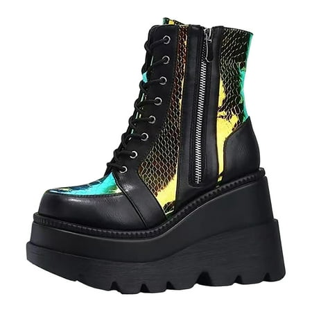 OJSFQUFP Winter Womens Boots 2024 Fall and Winter New Thick Bottom Short Boots Blocking Color Lace Up Fahionable Women s Shoes Fashion Boots for Women Black 40