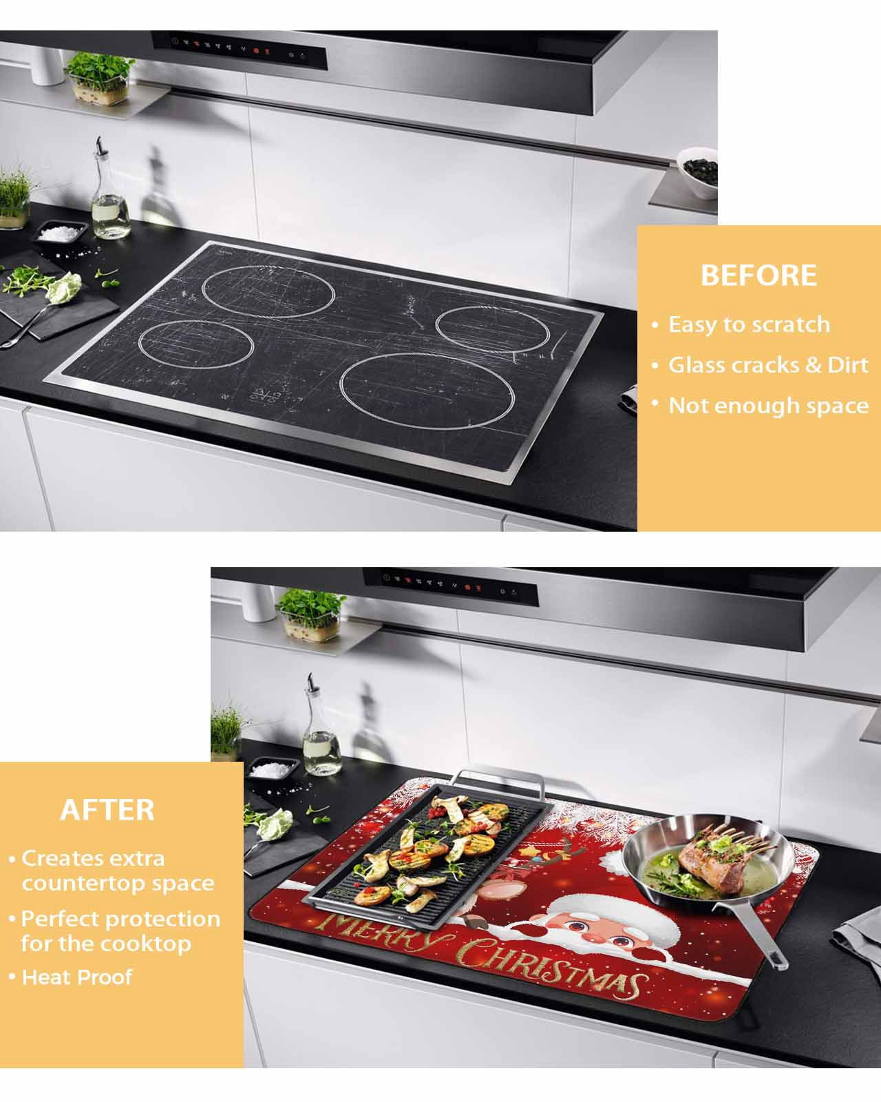 Large Induction Cooktop Protector Mat Red Christmas Stove Top Covers for Electric Stove, Santa Claus Deer Snowflake Pine Branches Ball Decorative Stove Burner Cover Mats, Glass Top Stove Cover