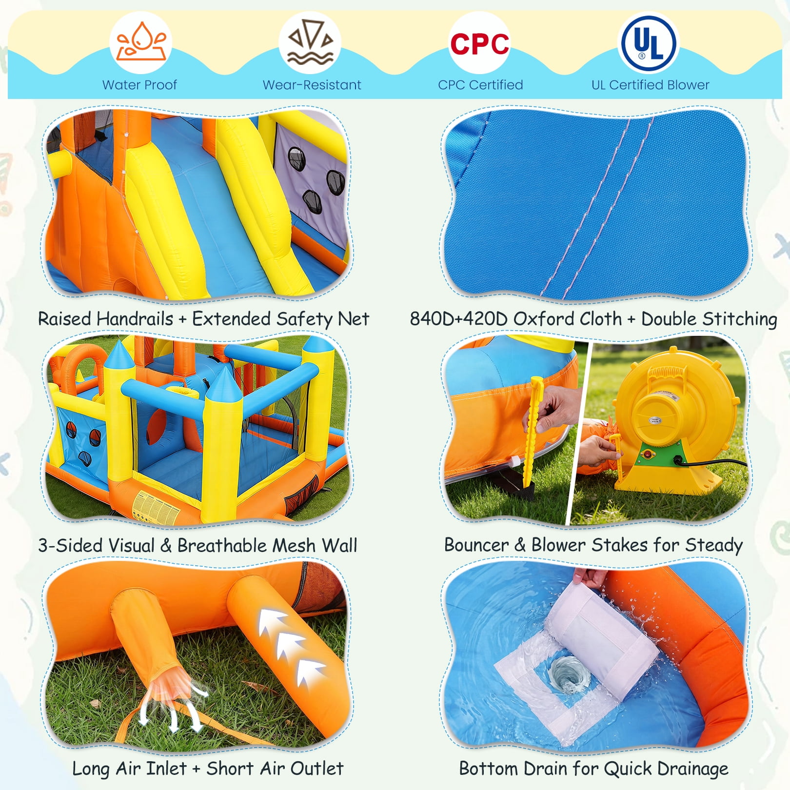 Veeboto Bounce House with 550W Blower, Inflatable Water Slide with Bounce Area, Slide, Pool, Basketball Hoop, Obstacle Poles, Ball Net, Water Cannon, Indoor & Outdoor Bounce Castle for Ages 3-12