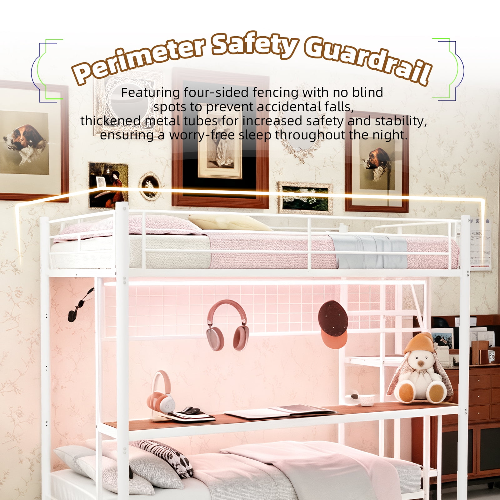 Leumius Twin over Full Size Metal Bunk Bed with Built-In Desk & LED Lighting,Heavy Duty Metal Bunk Beds Frame with Ladder for Bedrooms,Dorms,White
