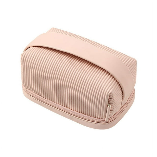 Bolsa de maquillaje pequeña rosa Bolsa de cosméticos de cuero a rayas de PU, bolsa de maquillaje de viaje portátil, bolsa de cosméticos impermeable con asa, maquillaje lindo