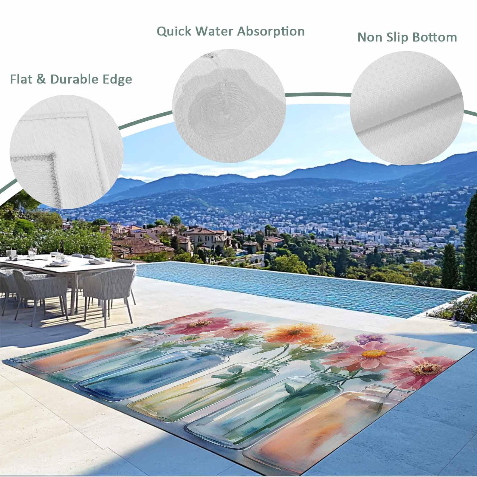 Fsddascl Colorful Flowers Outdoor Rug for Patio/Deck/Porch, Non-Slip Large Area Rug 4 x 6 Ft, Farmhouse Watercolor Spring Floral Indoor Outdoor Rugs Washable Area Rugs, Reversible Camping Rug Carpet