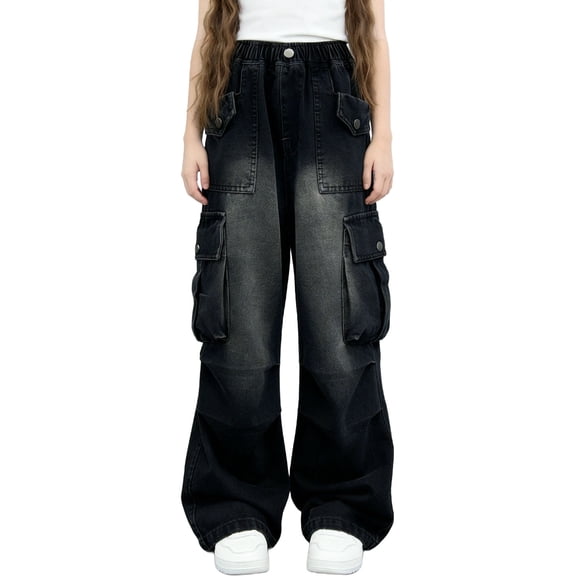 Atogsazn Children's Boys Cargo Jeans Kids Casual Wide Leg Loose Fit Denim Pant Baggy Lightweight Trouser with Pocket Black 5-6 Years Fashion