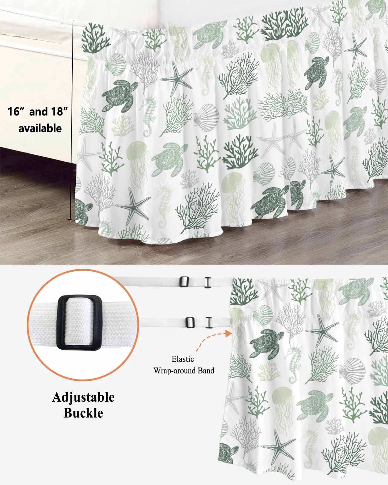Sage Green Coastal Bed Skirt Queen Size, Nautical Summer Beach Coral Sea Turtle Wrap Around Bed Skirting with Adjustable Elastic Strap, Dust Ruffle Pleated Bedskirts 16 Inch Drop for Bedroom Beds