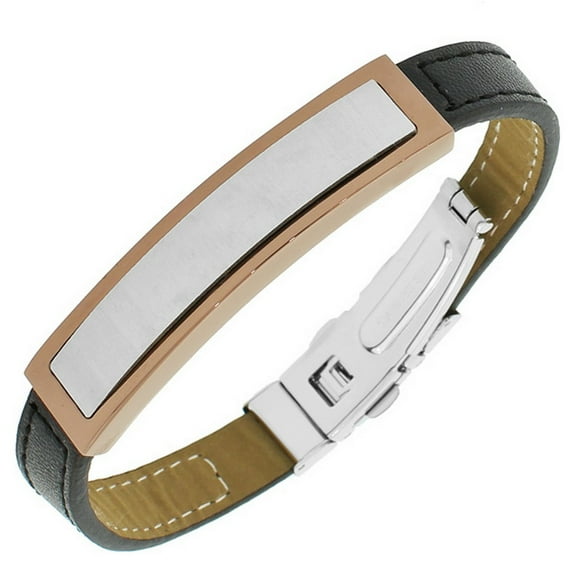 Stainless Steel Black Leather Rose Gold-Tone Silver-Tone Men's Bracelet