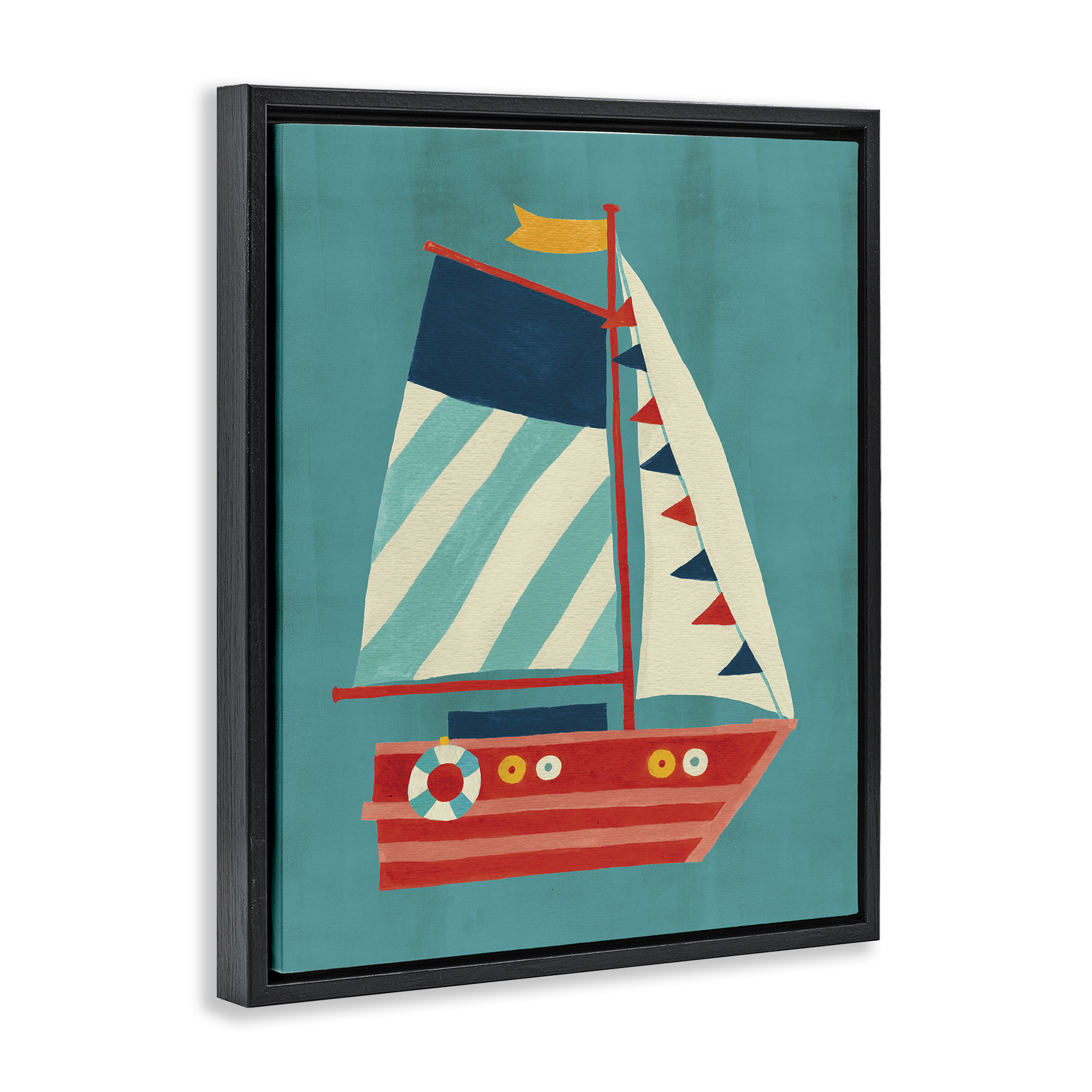 Stupell Industries Striped Sailboat on Blue Transportation Painting Black Floater Framed Canvas Art Print Wall Art, 17 x 21