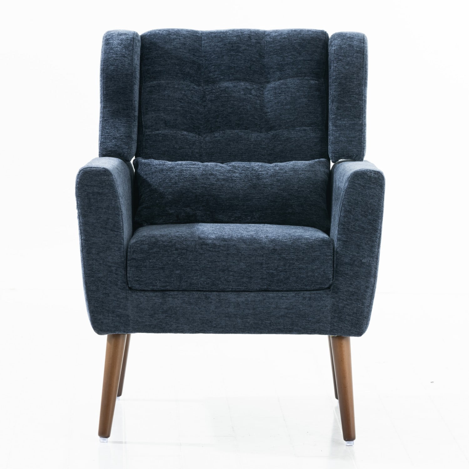 Modern Chenille Accent Chair with Pillow, Upholstered Armchair with Solid Wood Legs, Ergonomic Lounge Chair for Living Room, Bedroom, Reading Room, Small Space, Dark Blue