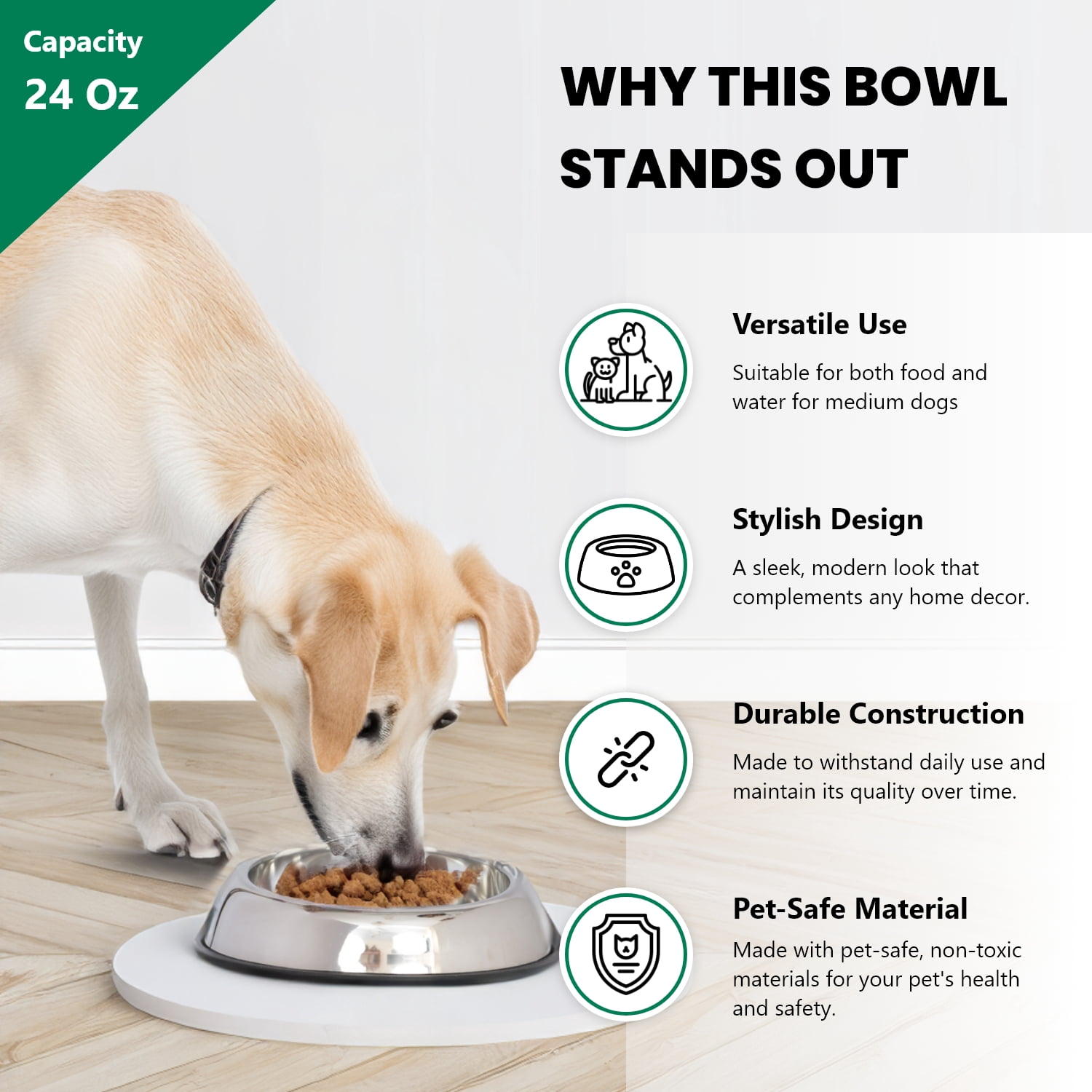 Iconic Pet Heavy Weight Non-Skid Easy Feed High Back Pet Bowl For Dog Or Cat, 24 Oz, 3 Cup
