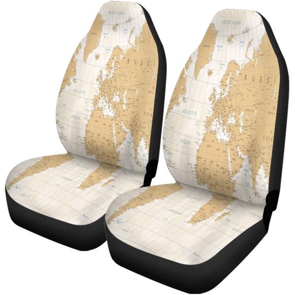 POGLIP Set of 2 Car Seat Covers World Map Universal Auto Front Seats Protector Fits for Car,SUV Sedan,Truck