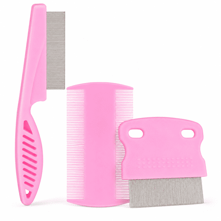 3 Pack Flea Comb for Dogs and Cats, Fine Tooth Pet Grooming Combs with Rubber Handles, Pink