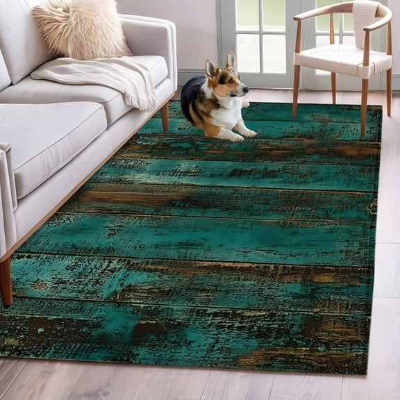 Teal Brown Plank Area Rug 3x5 Washable Rug Non Slip Vintage Chic Shabby Wooden Grain Large Area Rug Indoor Floor Carpet for Entryway Bedroom Kitchen Living Room Home Office Dining Room Nursery