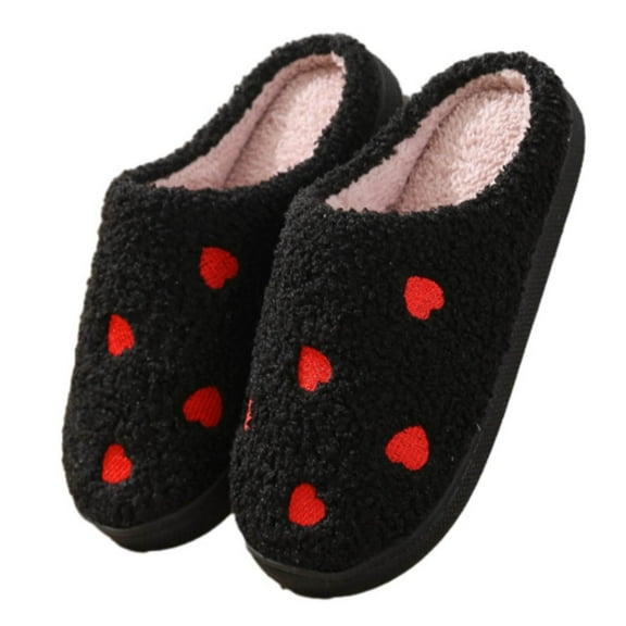 Tao Tao Women Fuzzy Heart Prints Slipper Soft Plush Comfy Winter Warm Slip-On Couple Slippers Women Men Non-slip Fuzzy Flat Slides Black 38