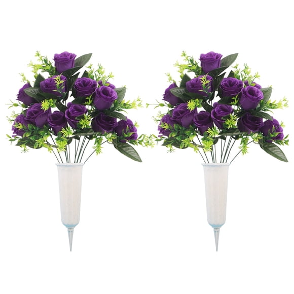 ZTTD 2 Pack Artificial Cemetery Flowers with Vase,Grave Memorial Flowers, Artificial Rose Bouquet Decoration for Cemetery Headstones Gravesites