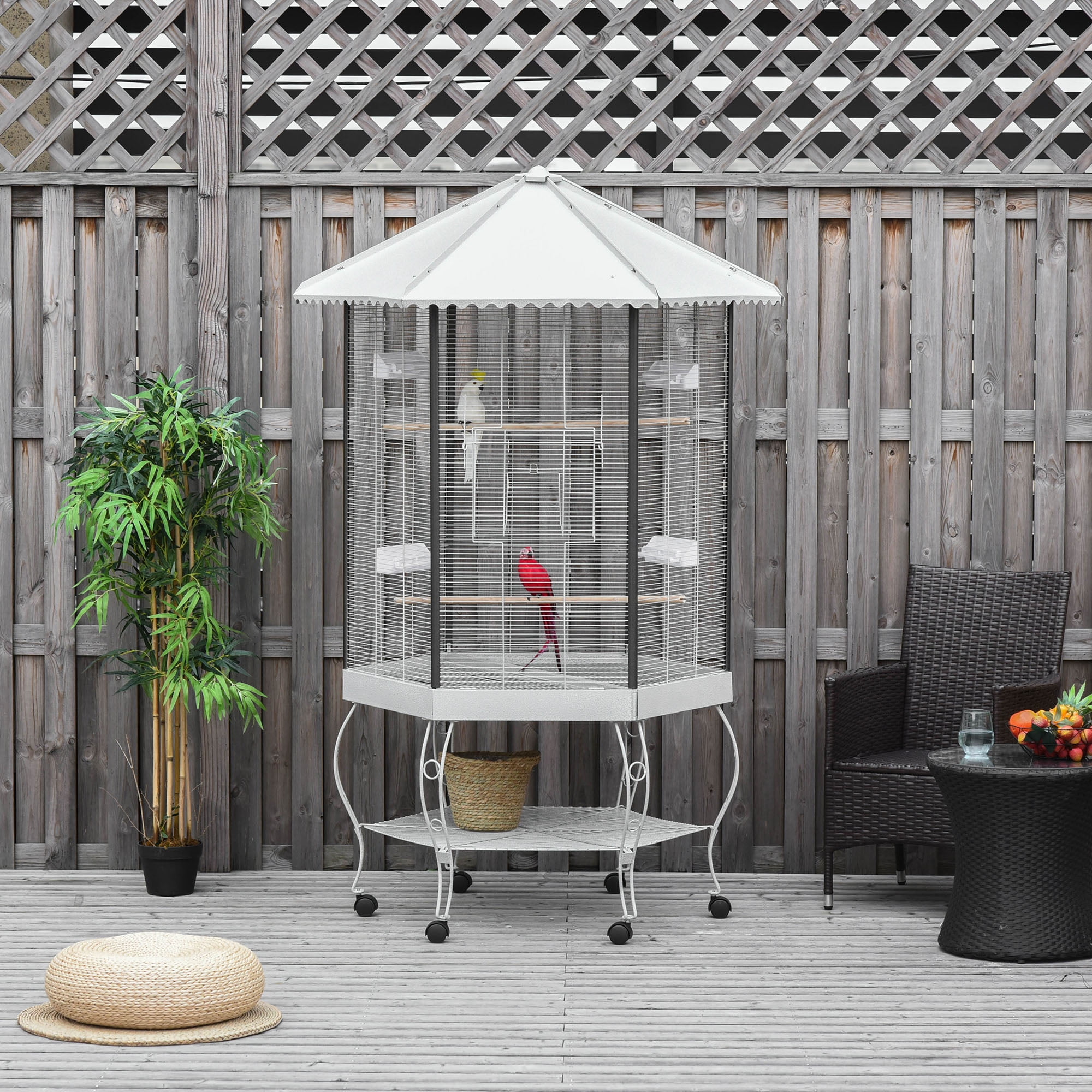Noaman PawHut 77" Flight Bird Cage Hexagon Covered Canopy Portable Aviary With Storage, White Steel Large Bird House for Multiple Birds, Easy Rolling Casters