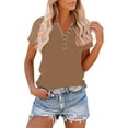 thumbnail image 2 of Olyvenn Summer T Shirts for Women Dressy Casual V Neck Button Up Blouse Solid Color Loose Short Sleeve Tunic Tops Khaki S, 2 of 8