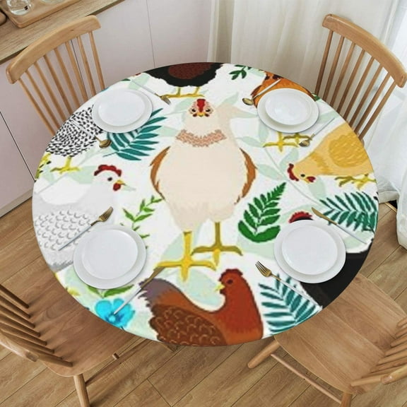 Round Fitted Tablecloth with Elastic Chicken Round Outdoor Tablecloths Fitted Table Covers for Round Tables Waterproof Reusable Vinyl Table Cloth for Indoor and Outdoor 44"-48"